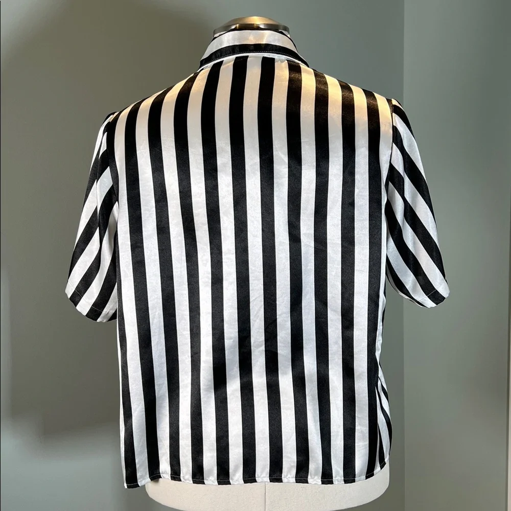 Vintage 2-Piece Black and White Striped Satin Pajama Button Top and Shorts M